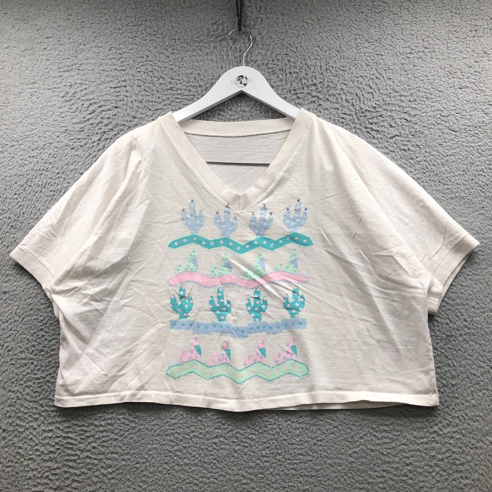 Vintage Cream Crop Top with Pastel Pink, Mint & Light Blue Graphic